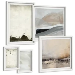 BILDER SET 5er Set - 50x50 cm & 20x30 cm & 40x60 cm Weißer Rahmen - Vögel, Steine, Pinselstriche, Verzierungen