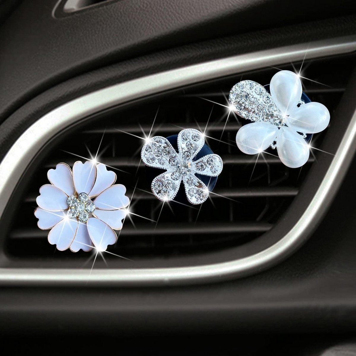 Set van 3 Roze Bloem Decoratie Luchtclips voor Auto Interieur met Kristallen