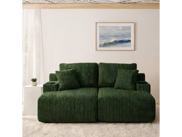 Multifonctionnel canapé 2 places relax convertible rangement latéral tissu cordé sage green