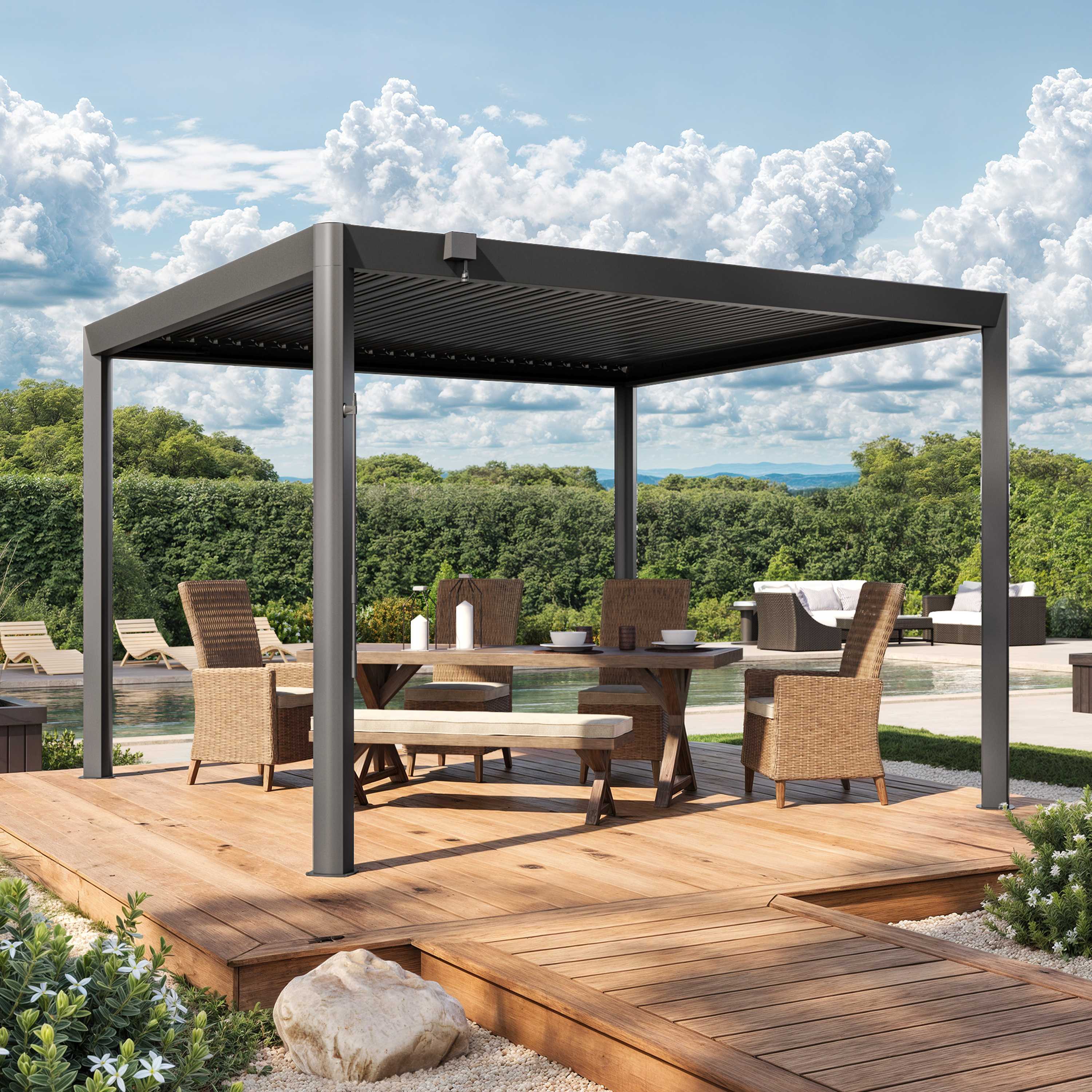 PRIMEYARD 3,5x3,5m Pergola in anthrazit; mit Lamellendach in anthrazit - (GFPV01121)