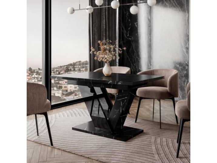 DUBAI Esstisch ausziehbar 120-160x80 cm Schwarz Marmoroptik, Säulentisch Esszimmertisch für 4–6 Personen, ausziehbar von 120 auf 160 cm, V-Säulengestell, Platte in schwarzer Marmoroptik