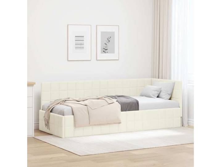 Samt L Form platzsparend Eckbett Rahmen Tagesbett 80 x 200 cm Creme Eckbettgestell mit Kopfteil Creme Samt 80x200 cm L-Form Lattenrost Schlafzimmer Möbel platzsparendes Design Gäste Sofa