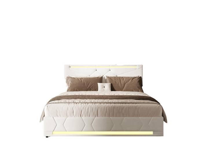 Shopentra Polsterbett 160x200 Beige Led, 160x200 cm, Schlafzimmer, Betten, Polsterbetten