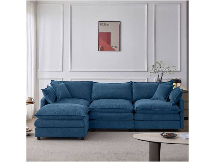 HOMVRA Canapé d'angle modulable 3 places avec pouf mobile chenille bleue assise moelleuse