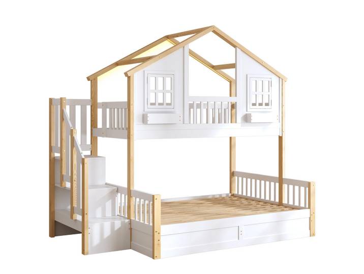 Oxeza Etagenbett 90/200 cm und 140/200 cm Weiß + Naturholz mit LED-Beleuchtung, Treppe mit Stauraum und hydraulischen Staufächern, Holz, Mode, Rechteckig, 90x200 cm, Babymöbel & Kindermöbel, Kinderzimmer & Jugendzimmer, Stockbetten
