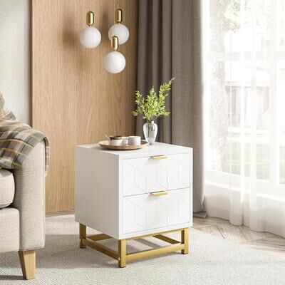 Garvee Modern White 2-Drawer Nightstand with Metal Legs