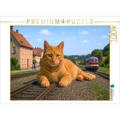 CALVENDO Puzzle Streckensperrung - riesige Katze liegt auf den Schienen | 1000 Teile Lege-Größe 64x48cm Foto-Puzzle für glückliche Stunden