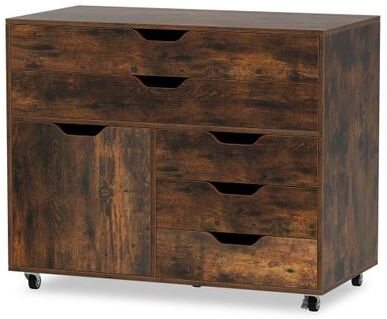 Costway Modern Vertical 5-Drawer Mobile Chest with Door 5 Casters-Brown