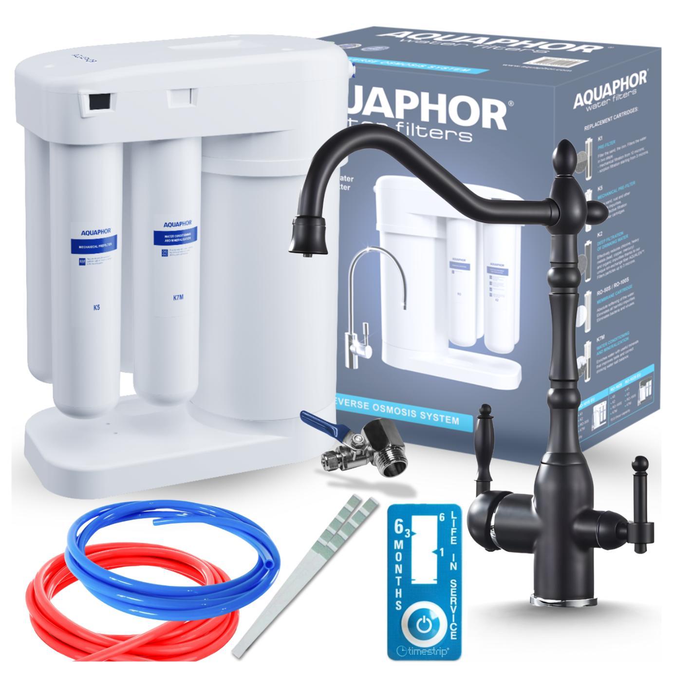 Ari 3-Wege-Küchenarmatur Retro 2, Schwarz Matt, Spültischarmatur Im Set Mit Aquaphor Morion 101S Ro Wasserfiltersystem, Untertischanlage