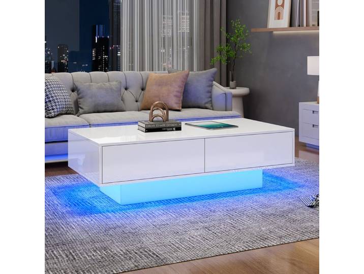 Table basse blanche laquée 115x55x34 cm 2 tiroirs LED