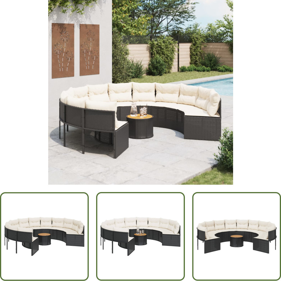 The Living Store Gartensofa mit Tisch und Kissen Rund Schwarz Poly-Rattan