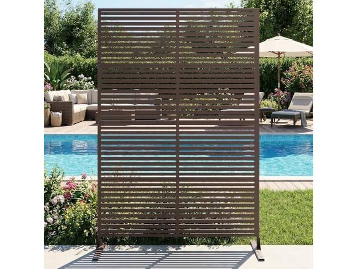 Sichtschutz Metall, Freistehender Paravent 180x120 cm, Wetterfester Sichtschutz Für Garten Terrasse Balkon Outdoor Deko, Raumteiler Mit Ständer, Verzinkter Stahl, Horizontalstreifen Braun