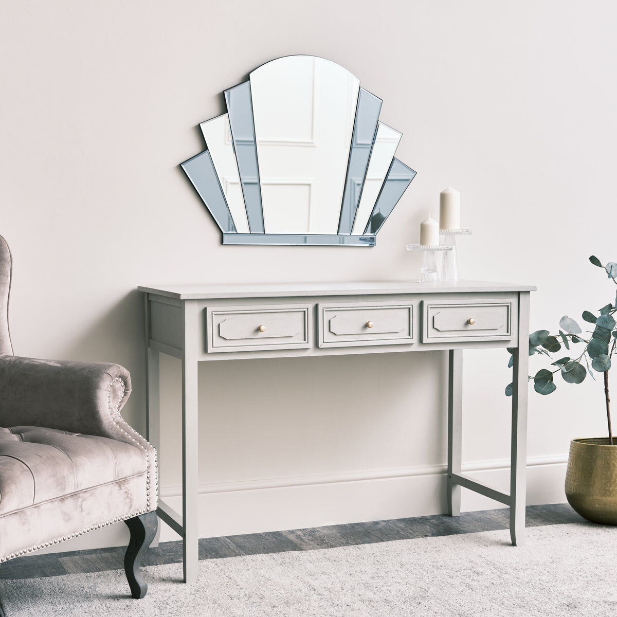 Grey Glass Art Deco Arch Fan Wall Mirror 80cm x 60cm Wood, Resin, Glass