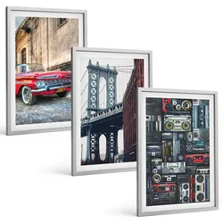 BILDER SET 3er Set - 40x60 cm Silberner Rahmen - Alte Autobrücke Brooklyn Retro-Audio
