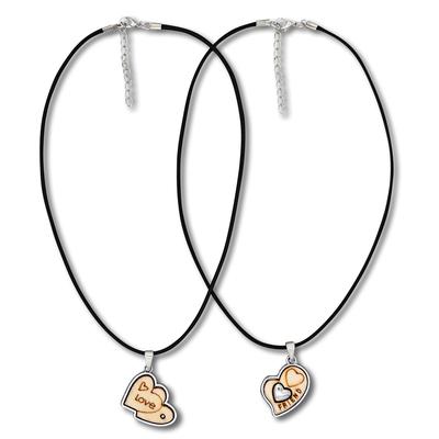 Kette mit Anhänger STEUER "Partner Set Herz Metall Holz Kunstleder schwarz", schwarz, Halsketten, Damen, 49,5cm, Metall, B: 25mm, glänzend, B:25mm