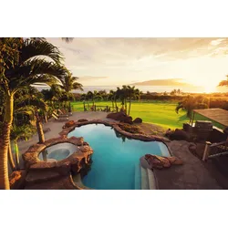 Fototapete PAPERMOON "LUXUS-HAUS-POOL PALMEN WIESE STRAND MEER SONNE INSEL", bunt, B:4,5m L:2,8m, Vlies, Tapeten
