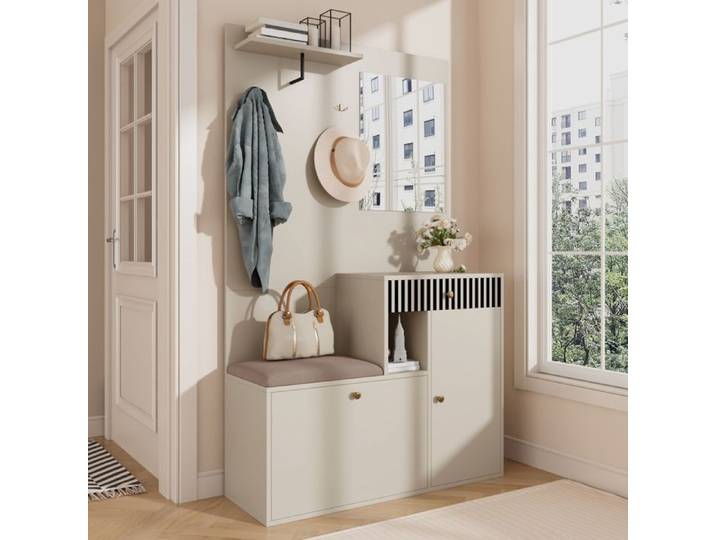 ensemble Vestiaire d'entrée - Vestiaire avec Banc Miroir et Meuble à Chaussures Compact MDF 110×37×185 5 cm Beige Gris