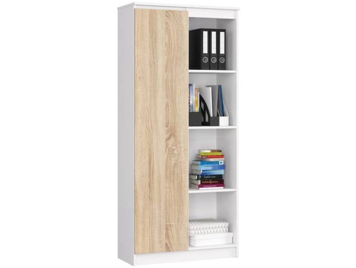 Bibliothèque de bureau AKORD R80 Blanche 80 cm 1 porte façade Chêne Sonoma 8 étagères 80x35x180 cm