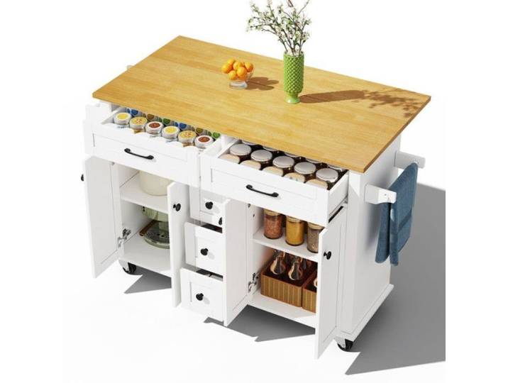 Îlot de Cuisine Multifonctionnel avec Plans de Travail Rabattable Meuble de Cuisine avec 5 Tiroirs 4 blanc ILOT CENTRAL