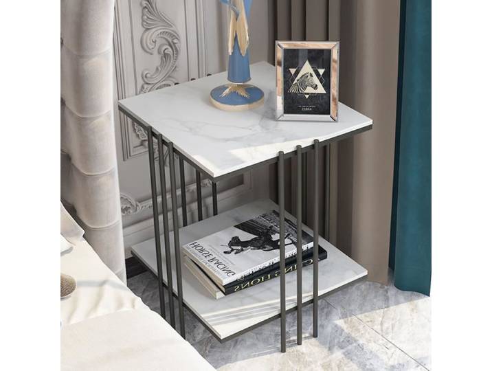 Table d'appoint UNHO en pierre frittée et cadre doré - 44.5x44.5x55.5cm