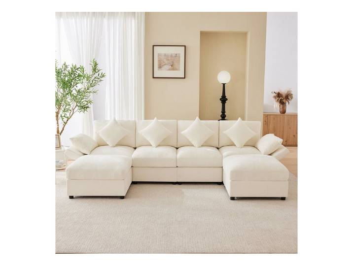 REDOM Wohnlandschaft U/L‑Form mit 2 Hockern, verstellbare Armlehnen, Modularsitz für flexible Raumgestaltung 1 Teile, Chenille-Ecksofa 284x156,5x86 cm, Beige