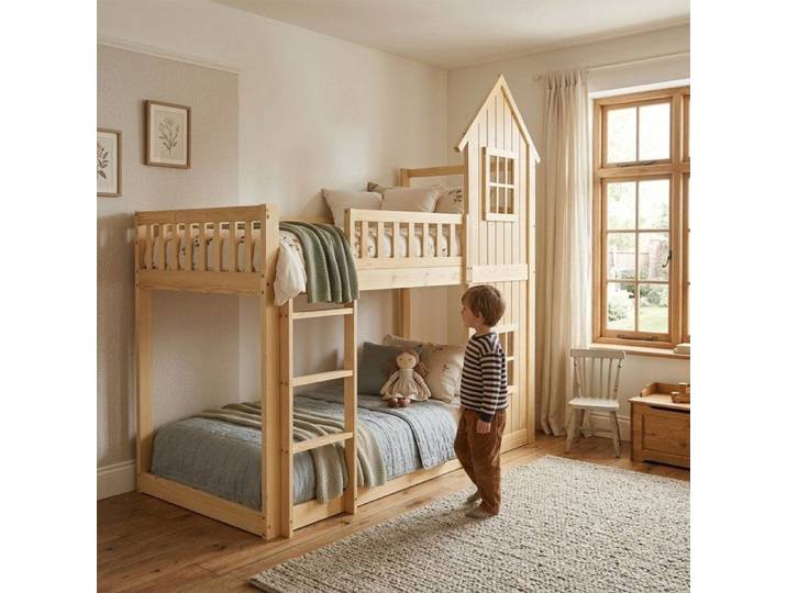 Lit superposé enfant 90x200 en pin naturel avec escalier et fenêtres