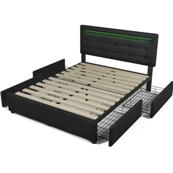 Polsterbett 140x200 cm mit LED-Beleuchtung und 4 Schubladen – elegantes Design und hoher Komfort Schwarz