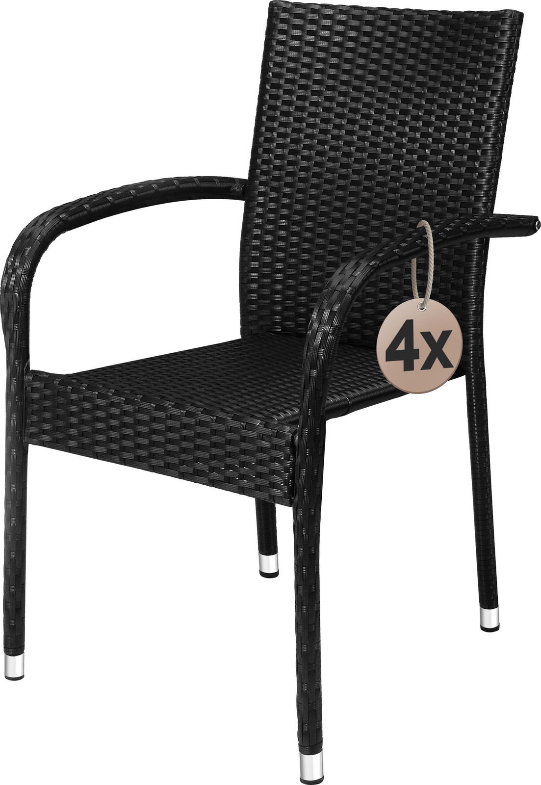 Casaria Set van 4 Polyrotan Tuinstoelen met Armleuningen, Stapelbaar, Zwart