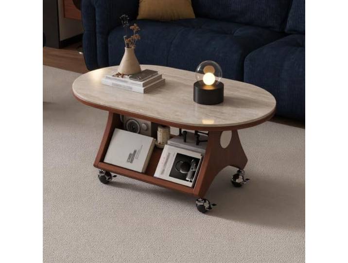 Ovaler Massivholz-Couchtisch mit Rollen, Französischer Vintage-Stil Massivholz-Konstruktion, ovales Design, mobile Rollen, Creme-Stil, französischer Vintage, Möbel für kleine Räume, Wohnzimmer