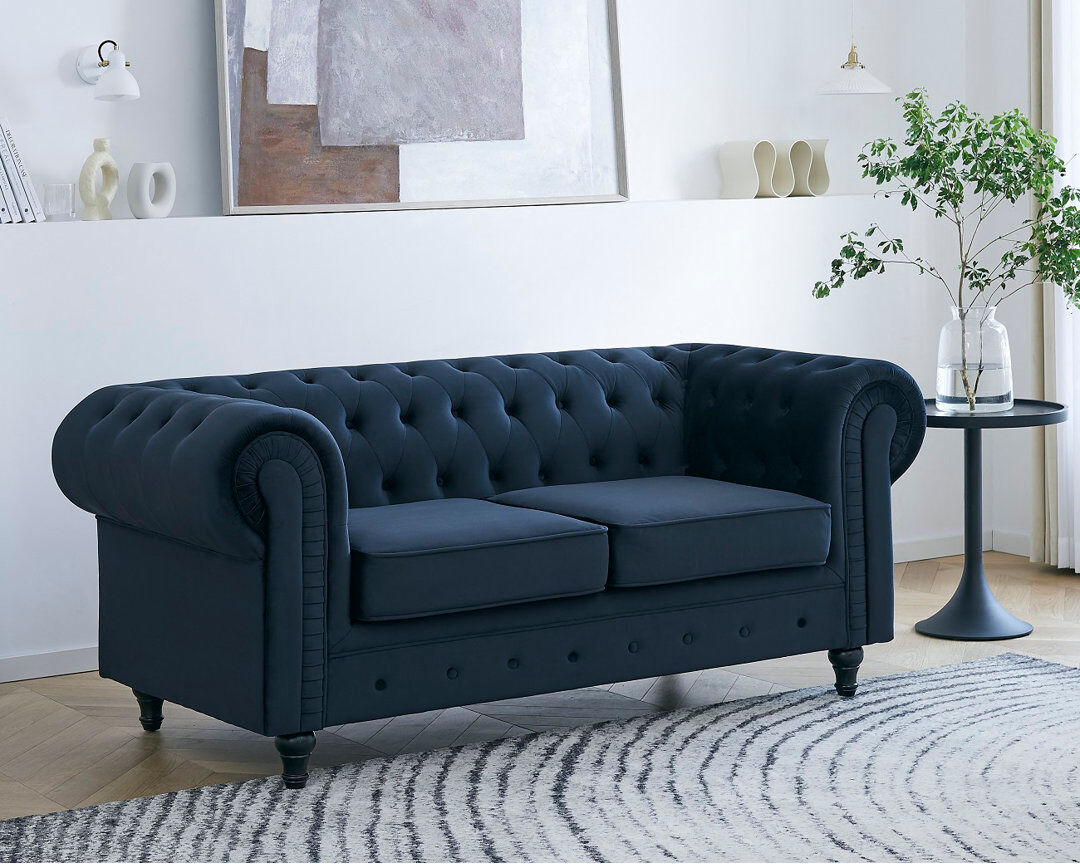 Rosdorf Park Dake 2 Seater Velvet Sofa Blue 77cm H X 183cm W X 91cm D