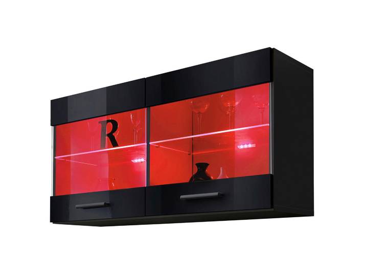 Komodee Hängevitrine Savona, Schwarz, LED Mehrfarbige, Schwarz, Schwarz, Glas, 2 Fächer, Rechteckig, 100x50x27.2 cm, Esszimmer, Vitrinen, Vitrinenschränke