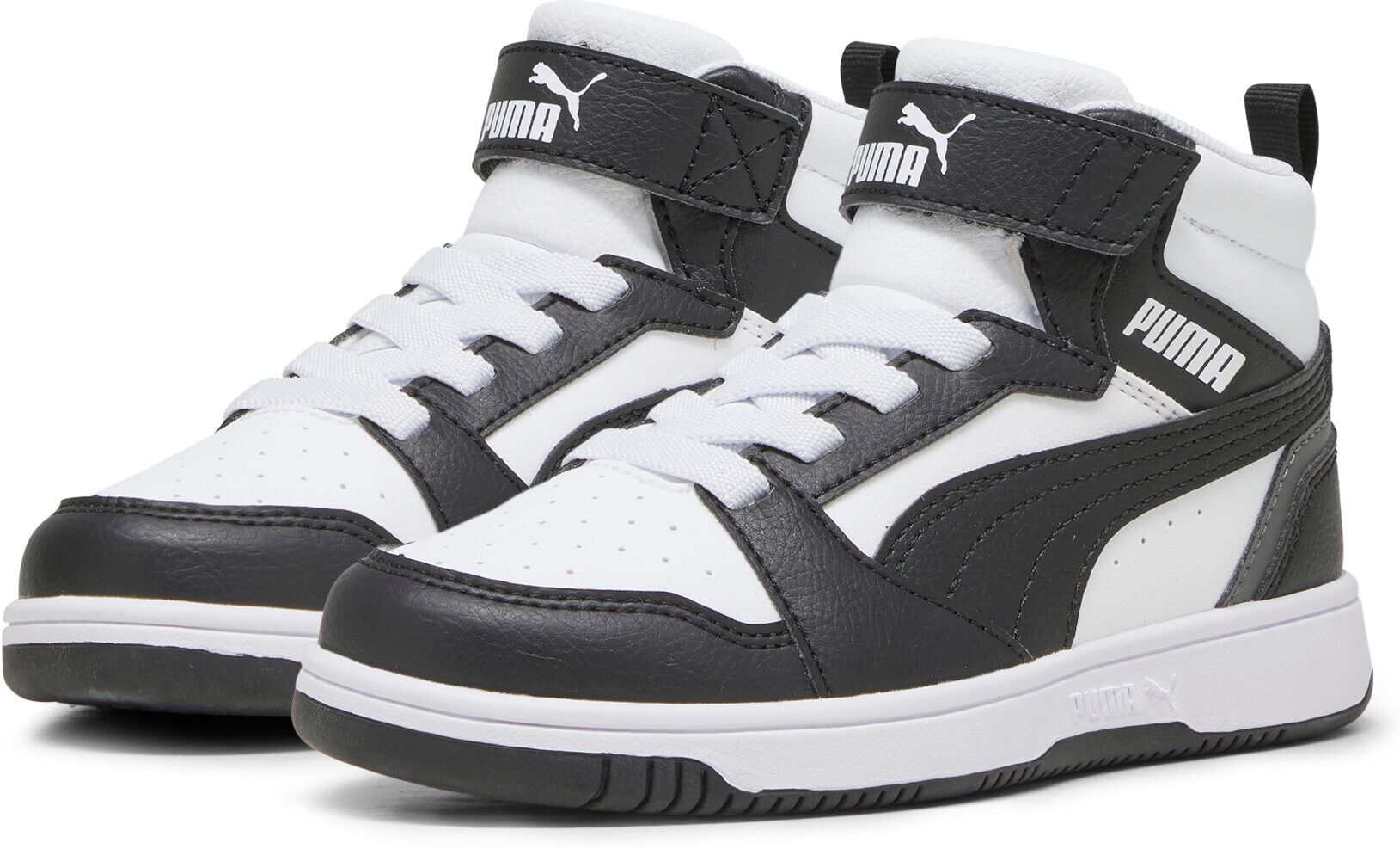 Sneaker PUMA "REBOUND V6 MID AC+ PS", Jungen, Gr. 28, Textil, schwarz-weiß (puma weiß, puma schwarz, shadow gray), Synthetik, Schuhe Sneaker, mit leicht profilierter Gummilaufsohle, mit Klettverschluss
