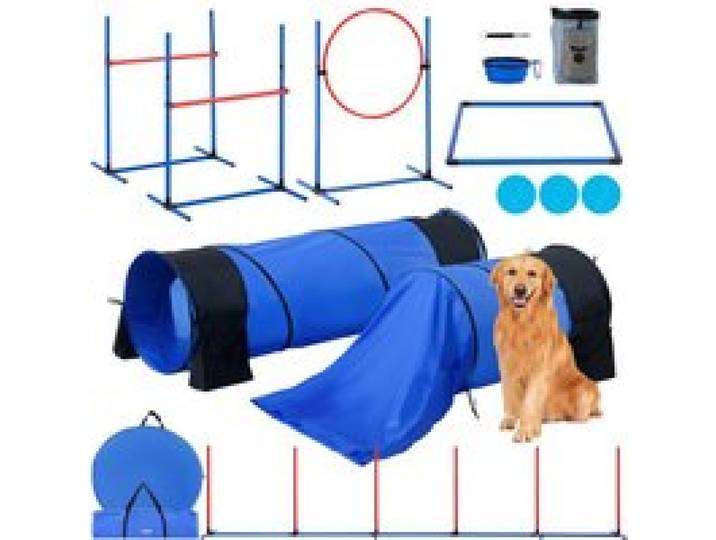 VEVOR Agility-Trainingsgerät für Hunde, 7-teiliges Set mit verstellbaren hohen Hürden, 6 Slalomstangen, 2 Tunneln, Sprungring, Pausenbox, 3 Frisbees, Pfeife, faltbarem Napf, Hindernisparcours-Set für Welpen mit 3 Taschen