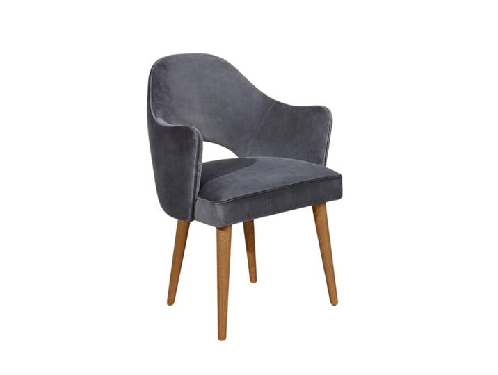 Fauteuil de table style nordique en hévéa et velours gris loup