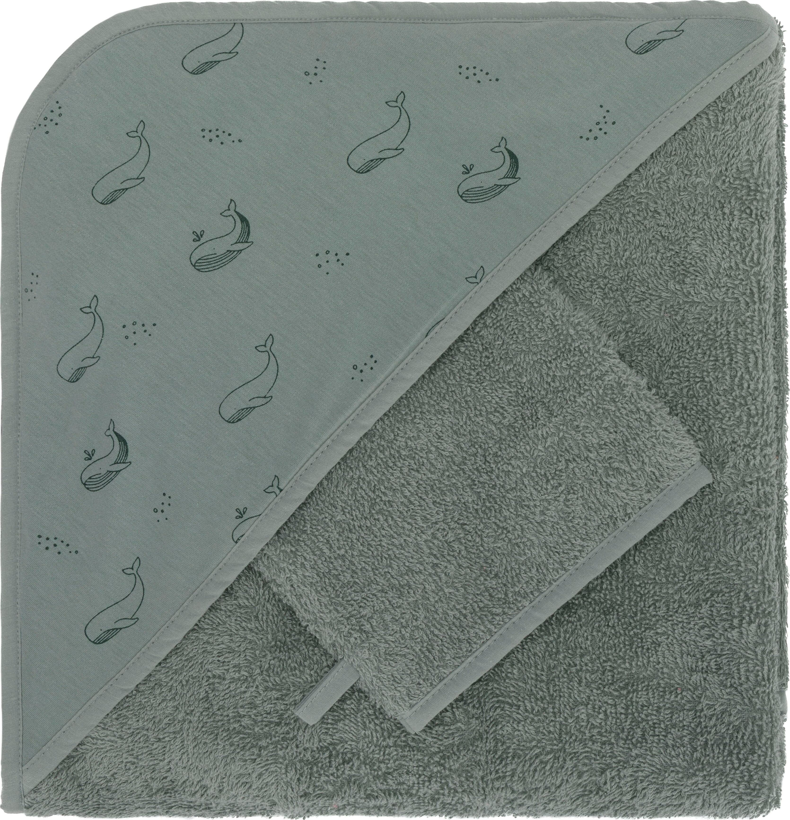 Kapuzenhandtuch FILLIKID "Kapuzenbadetuch mit Waschhandschuh", Kinder, Gr. B/L: 100cmx100cm, 2 Stk., Wale, Frottee, grün (wal), Frottee, Frottee, gemustert, Handtücher Kapuzenhandtuch
