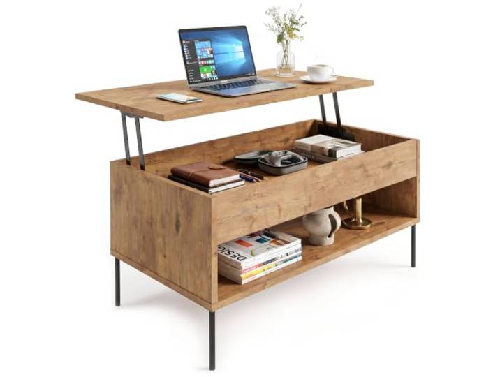 CraftPack Wohnzimmertisch 92 cm mit Liftfunktion und Stauraum Moderner Couchtisch mit höhenverstellbarer Tischplatte Retro