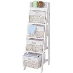 Leiterregal Goiana, Regal Standregal mit 4 Korbschubladen 101x30cm, Shabby-Look, Vintage ~ weiß