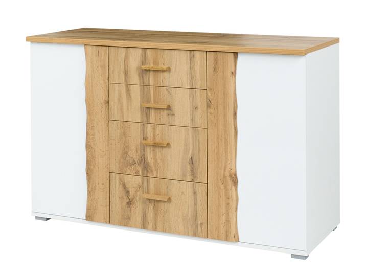 Commode 2 portes 4 tiroirs Wood Blanc Brillant/chene - Basika
