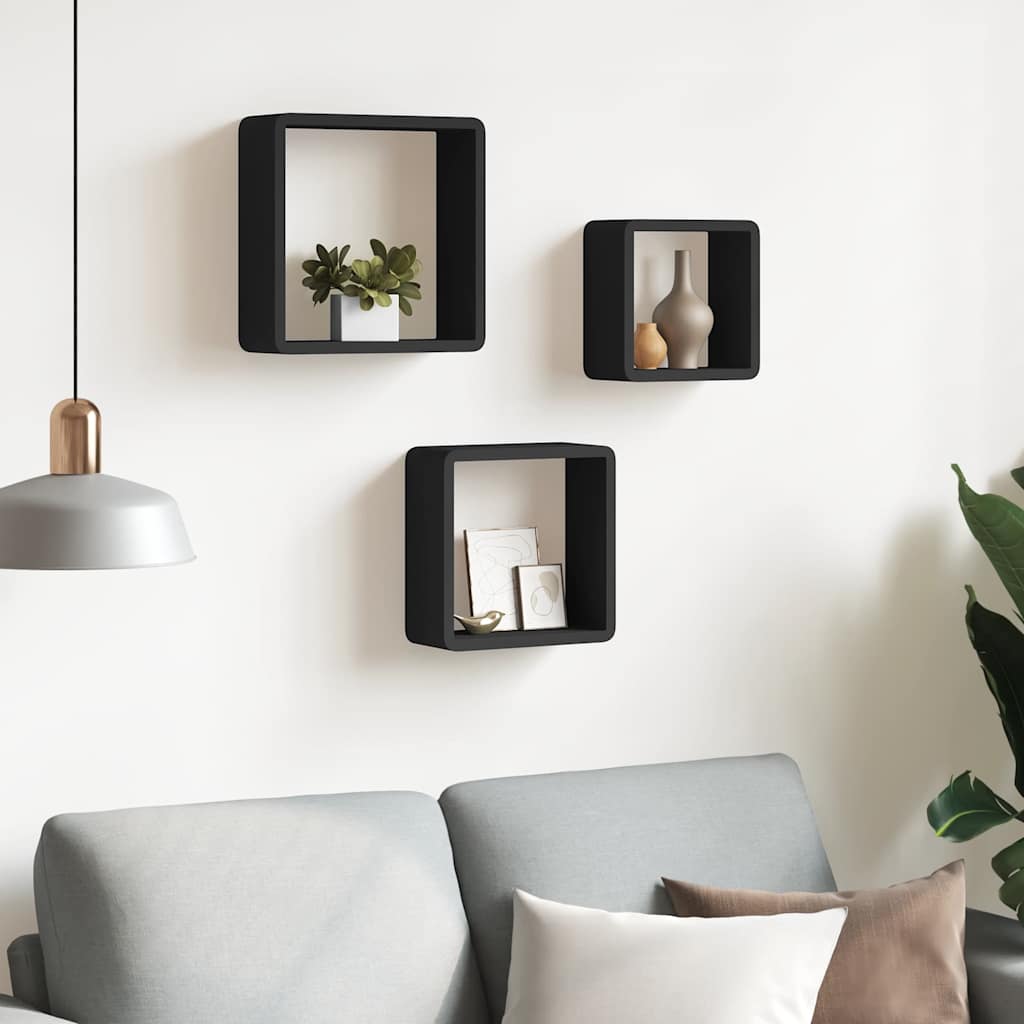 vidaXL Estantes cubo de pared 3 unidades MDF negro Negro