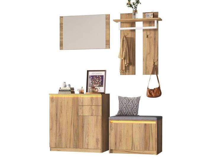 Ensemble Meuble De Couloir Avec Miroir tringle crochets banc Chaussures LED 130x35x124.5cm Naturel rangement Pour Entrée