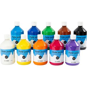 Creativ-Company Temperafarben 642092, 10 Farben, farbintensiv, in Flaschen, 10x 500 ml