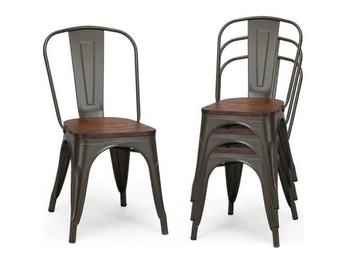 GOPLUS Lot de 4 Chaises en Métal Salle à Manger avec Assise en Bois d'Orme de Style Industriel Vintage Tabouret Empilable Vintage
