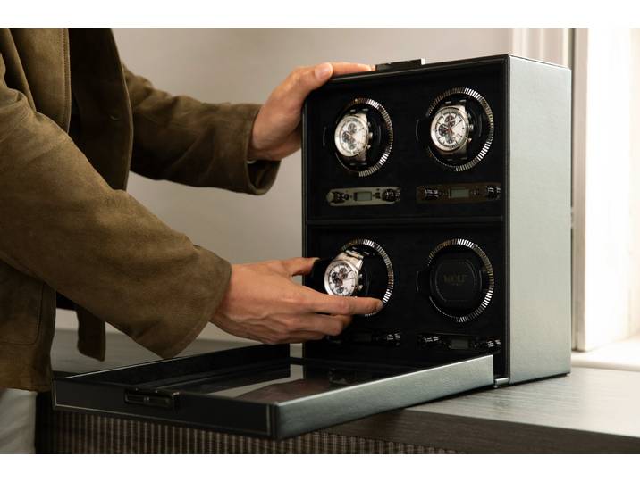 Uhrenbeweger „British Racing Watch Winder“ für 4 Armbanduhren Leder Schwarz WOLF