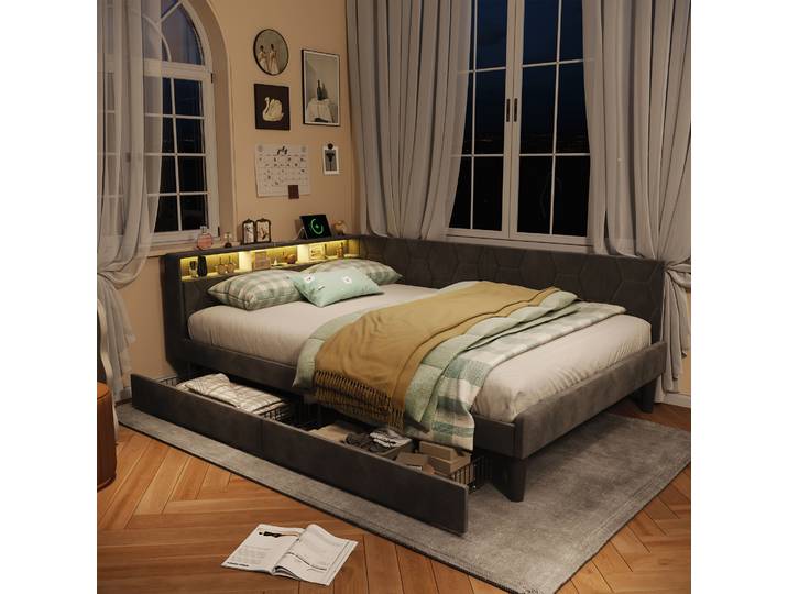 Canapé-lit rembourré Rosahqnda 90/140 x 200 cm avec éclairage LED et station USB, lit pour jeunes avec 2 tiroirs, velours, beige/gris