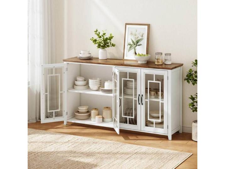 ULEVR Buffet de cuisine blanc 160 cm avec portes vitrées plateau aspect bois grand rangement et kit anti-basculement