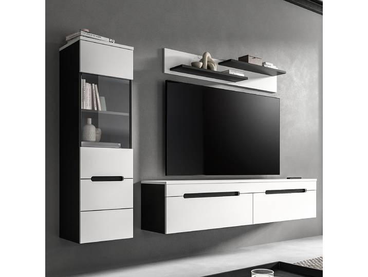Ensemble mural Canu -3 él. Buffet haut Panneau aggloméré, enduit Blanc/Gris/Blanc 221 x 141 x 33cm Sans éclairage
