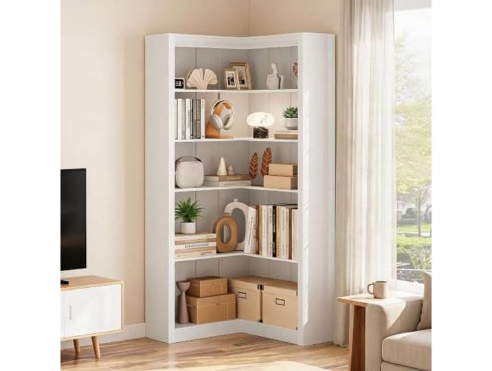 Zstar Eckregal Weiß 182 cm, Reliefstruktur, L-Form, 5 Ebenen Eckregal In L-Form Mit Reliefstruktur 5 Offene Ebenen 80 x 80 x 182 cm Weiß
