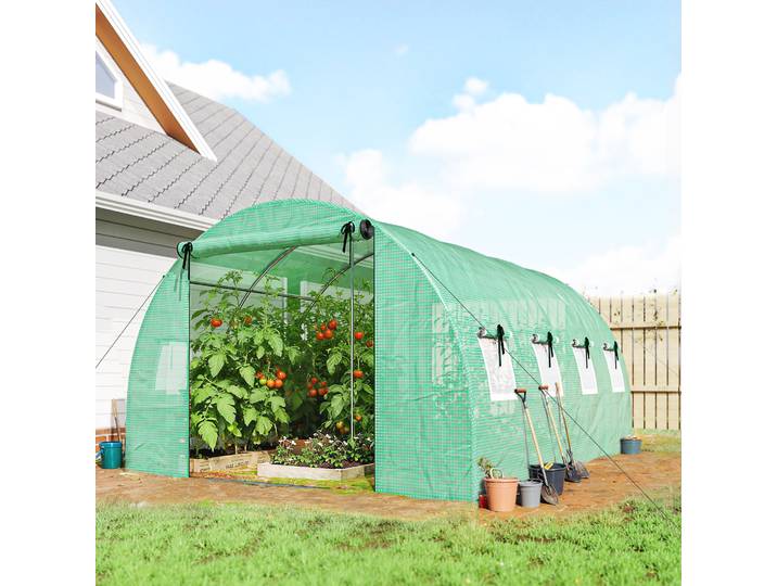 Outsunny Serre Tunnel 12m² Vert 295x400x200cm 2 Portes 8 Fenêtres