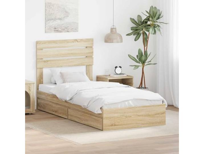 RJPLMFV Bett mit Stauraum Eiche Sonoma 100 x 200 cm Holz Technik Mit Schubladen, integriertes Kopfteil, modernes Design, für Kompaktzimmer