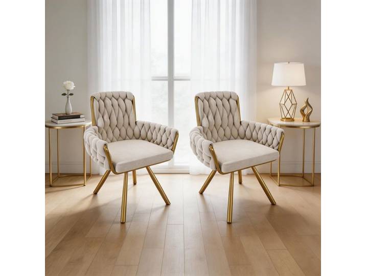 Chaise de salle à manger - Modèle pivotant - Velours beige - Rotation 360° - Dossier haut avec accoudoirs